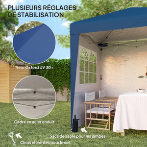 Tonnelle de jardin pliante pop-up 2 x 2 m tente de réception hauteur réglable 3 niveaux Anti-UV 30+ 3 parois latérales avec 4 sacs de sable et 1 sac de transport tissu Oxford acier bleu foncé