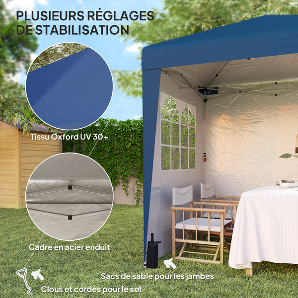 Tonnelle de jardin pliante pop-up 2 x 2 m tente de réception hauteur réglable 3 niveaux Anti-UV 30+ 3 parois latérales avec 4 sacs de sable et 1 sac de transport tissu Oxford acier bleu foncé