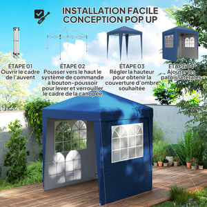 Tonnelle de jardin pliante pop-up 2 x 2 m tente de réception hauteur réglable 3 niveaux Anti-UV 30+ 3 parois latérales avec 4 sacs de sable et 1 sac de transport tissu Oxford acier bleu foncé