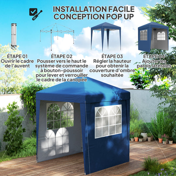 Tonnelle de jardin pliante pop-up 2 x 2 m tente de réception hauteur réglable 3 niveaux Anti-UV 30+ 3 parois latérales avec 4 sacs de sable et 1 sac de transport tissu Oxford acier bleu foncé