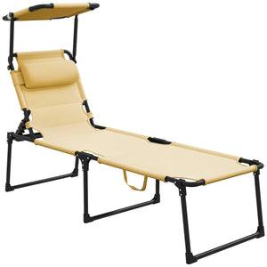 Bain de soleil, chaise longue pliante avec pare-soleil, appuie-tête en tissu Oxford, transat jardin extérieur inclinable de plage camping piscine terrasse 70 x 200 x 45 cm crème