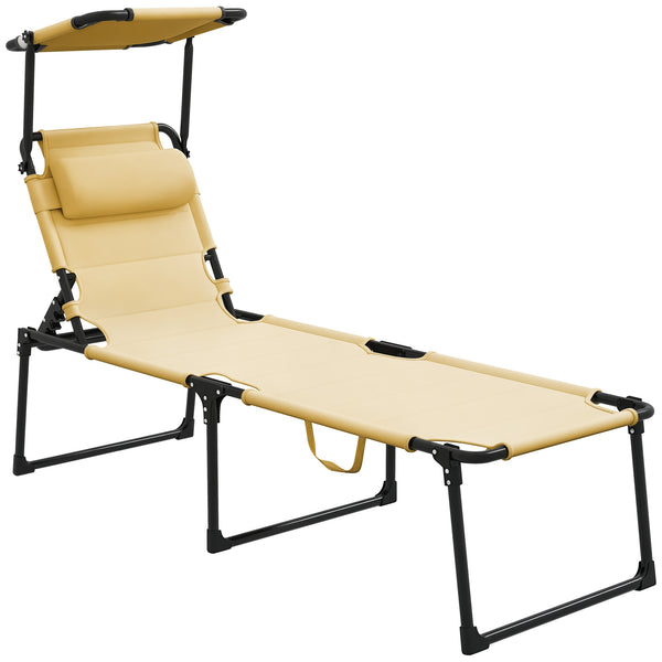 Bain de soleil, chaise longue pliante avec pare-soleil, appuie-tête en tissu Oxford, transat jardin extérieur inclinable de plage camping piscine terrasse 70 x 200 x 45 cm crème