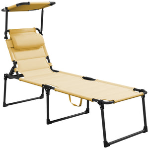 Bain de soleil, chaise longue pliante avec pare-soleil, appuie-tête en tissu Oxford, transat jardin extérieur inclinable de plage camping piscine terrasse 70 x 200 x 45 cm crème