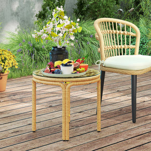 Table d'appoint en résine tressée ronde, table basse de jardin avec plaque en verre, facile à nettoyer pour terrasse, jardin, balcon, Ø 50 x 44 cm, jaune