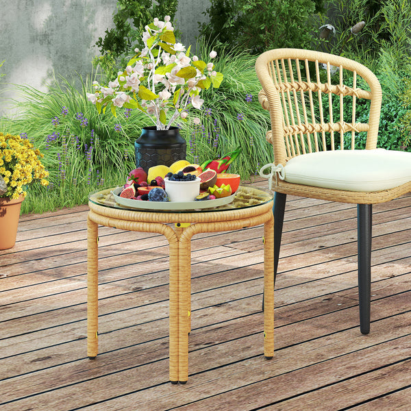 Table d'appoint en résine tressée ronde, table basse de jardin avec plaque en verre, facile à nettoyer pour terrasse, jardin, balcon, Ø 50 x 44 cm, jaune