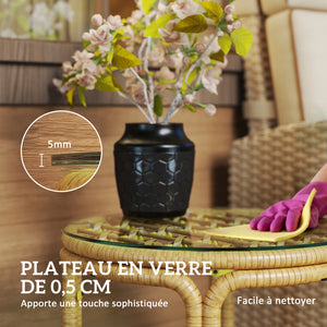 Table d'appoint en résine tressée ronde, table basse de jardin avec plaque en verre, facile à nettoyer pour terrasse, jardin, balcon, Ø 50 x 44 cm, jaune