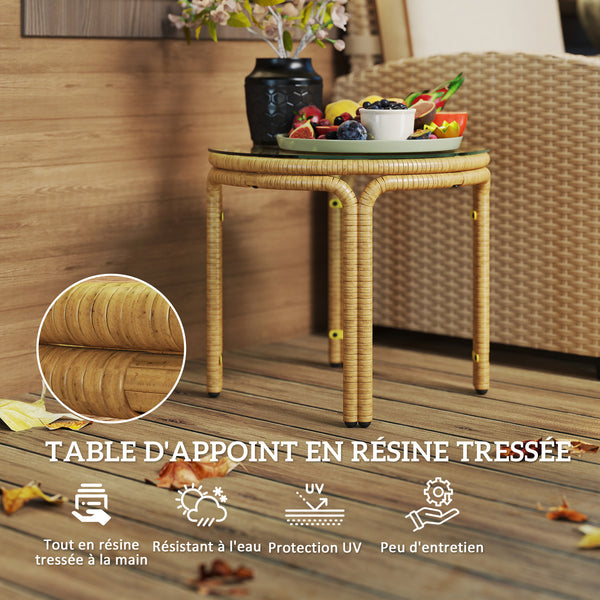 Table d'appoint en résine tressée ronde, table basse de jardin avec plaque en verre, facile à nettoyer pour terrasse, jardin, balcon, Ø 50 x 44 cm, jaune
