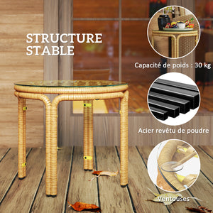 Table d'appoint en résine tressée ronde, table basse de jardin avec plaque en verre, facile à nettoyer pour terrasse, jardin, balcon, Ø 50 x 44 cm, jaune