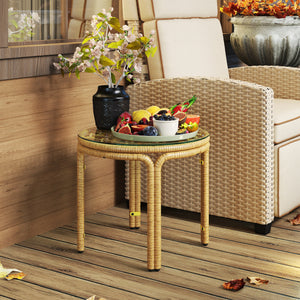 Table d'appoint en résine tressée ronde, table basse de jardin avec plaque en verre, facile à nettoyer pour terrasse, jardin, balcon, Ø 50 x 44 cm, jaune