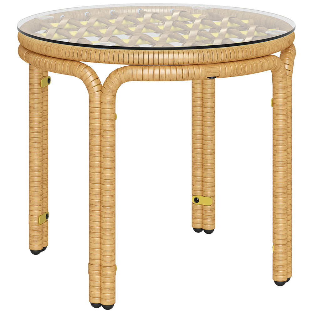 Table d'appoint en résine tressée ronde, table basse de jardin avec plaque en verre, facile à nettoyer pour terrasse, jardin, balcon, Ø 50 x 44 cm, jaune