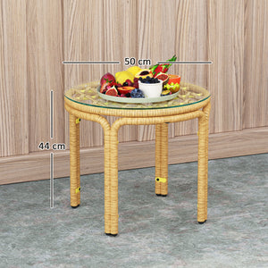 Table d'appoint en résine tressée ronde, table basse de jardin avec plaque en verre, facile à nettoyer pour terrasse, jardin, balcon, Ø 50 x 44 cm, jaune