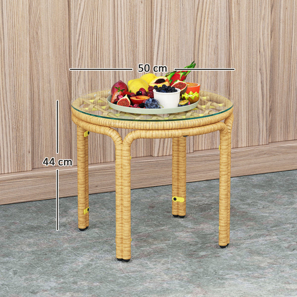 Table d'appoint en résine tressée ronde, table basse de jardin avec plaque en verre, facile à nettoyer pour terrasse, jardin, balcon, Ø 50 x 44 cm, jaune