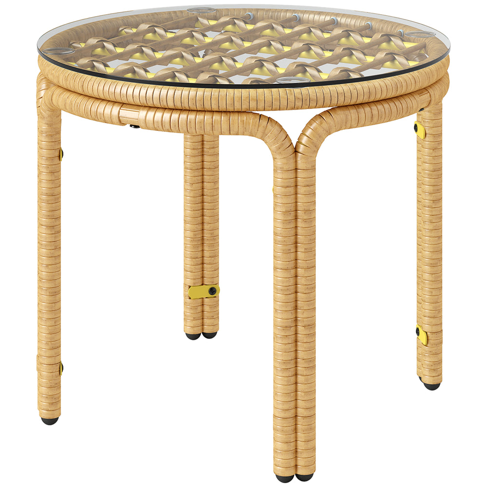 Table d'appoint en résine tressée ronde, table basse de jardin avec plaque en verre, facile à nettoyer pour terrasse, jardin, balcon, Ø 50 x 44 cm, jaune