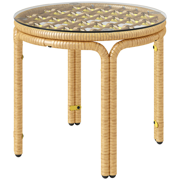 Table d'appoint en résine tressée ronde, table basse de jardin avec plaque en verre, facile à nettoyer pour terrasse, jardin, balcon, Ø 50 x 44 cm, jaune