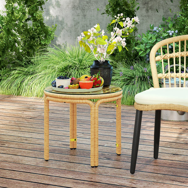 Table d'appoint en résine tressée ronde, table basse de jardin avec plaque en verre, facile à nettoyer pour terrasse, jardin, balcon, Ø 50 x 44 cm, jaune