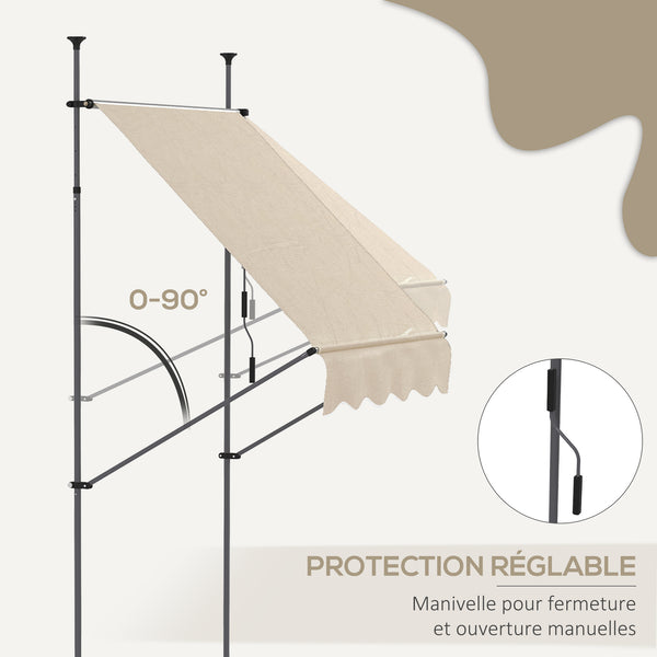 Store banne autoportant manuel auvent rétractable 1,5L x 1,2l x 2,1-3H m inclinaison réglable pour balcon sans trous à percer métal alu polyester sable