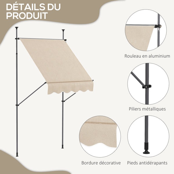Store banne autoportant manuel auvent rétractable 1,5L x 1,2l x 2,1-3H m inclinaison réglable pour balcon sans trous à percer métal alu polyester sable
