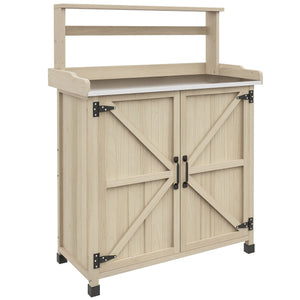 Table de rempotage table de jardinage style rustique avec placard et étagères et plateau galvanisé patins antidérapants en bois sapin pré-huilé dim. 90,5L x 41l x 124,5H cm effet bois naturel