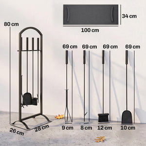 Serviteur de Cheminée 6 Pièces - Ensemble Outils de Cheminée avec Sac à Bûches, Brosse, Pelle, Tisonnier, Pince et Support - pour Intérieur, Extérieur, Maison, Jardin, Noir