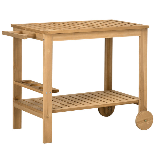 Desserte de jardin chariot pour plancha barbecue en bois avec poignée 2 plateaux et porte-bouteilles 95 x 47 x 74 cm