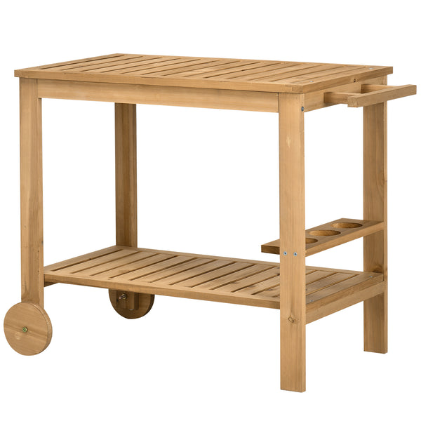 Desserte de jardin chariot pour plancha barbecue en bois avec poignée 2 plateaux et porte-bouteilles 95 x 47 x 74 cm