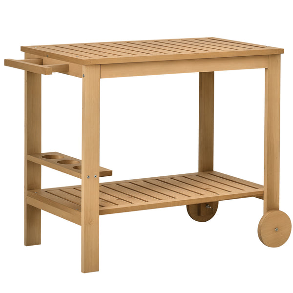 Desserte de jardin chariot pour plancha barbecue en bois avec poignée 2 plateaux et porte-bouteilles 95 x 47 x 74 cm