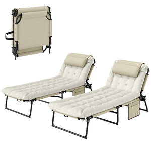 Lot de 2 transats bains de soleil pliable avec dossier inclinable 4 positions - appui-tête et Matelas épais ultra confortable - tissu textilène et acier, beige