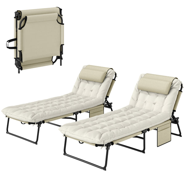 Lot de 2 transats bains de soleil pliable avec dossier inclinable 4 positions - appui-tête et Matelas épais ultra confortable - tissu textilène et acier, beige