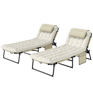 Lot de 2 transats bains de soleil pliable avec dossier inclinable 4 positions - appui-tête et Matelas épais ultra confortable - tissu textilène et acier, beige
