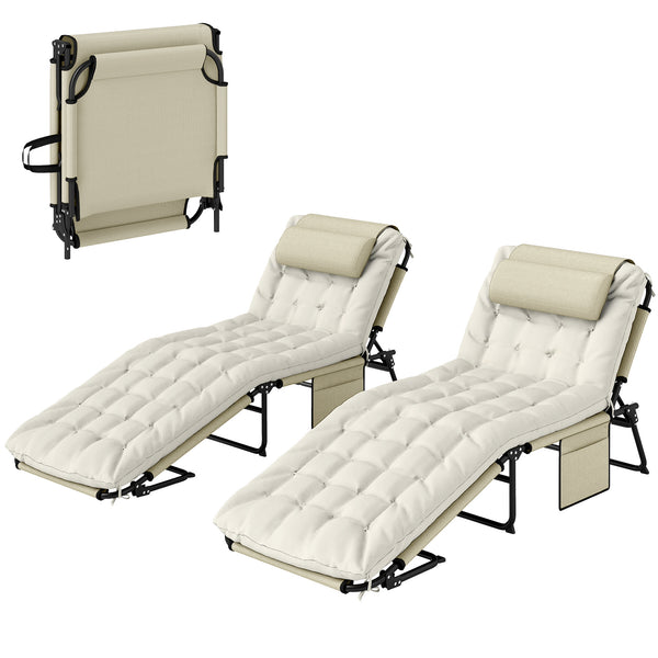 Lot de 2 transats bains de soleil pliable avec dossier inclinable 4 positions - appui-tête et Matelas épais ultra confortable - tissu textilène et acier, beige
