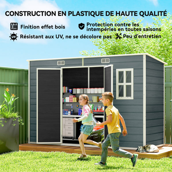 Abri de jardin en plastique  10 x 4 pieds, avec plancher, grandes fenêtres, portes verrouillables et aérations, pour outils, vélos, générateur, effet bois gris