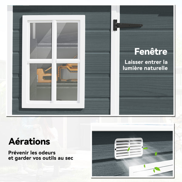 Abri de jardin en plastique  10 x 4 pieds, avec plancher, grandes fenêtres, portes verrouillables et aérations, pour outils, vélos, générateur, effet bois gris