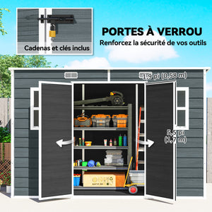 Abri de jardin en plastique  10 x 4 pieds, avec plancher, grandes fenêtres, portes verrouillables et aérations, pour outils, vélos, générateur, effet bois gris