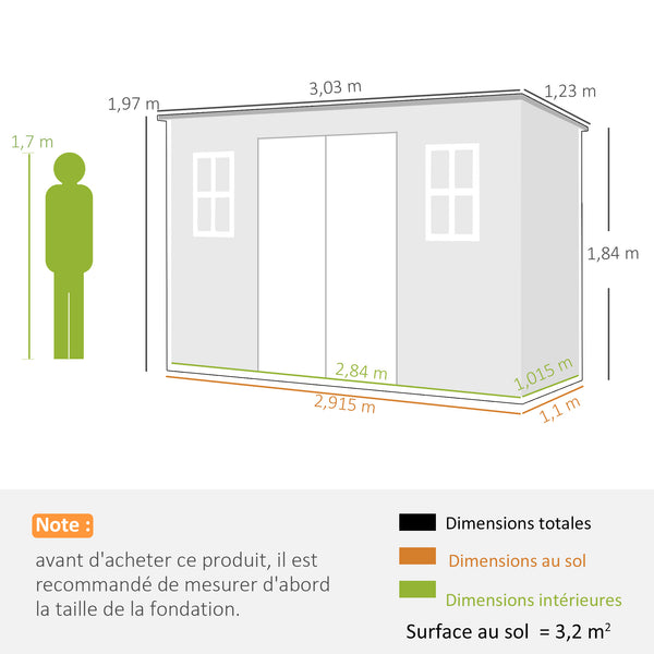 Abri de jardin en plastique  10 x 4 pieds, avec plancher, grandes fenêtres, portes verrouillables et aérations, pour outils, vélos, générateur, effet bois gris