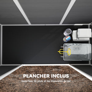 Abri de jardin en plastique  10 x 4 pieds, avec plancher, grandes fenêtres, portes verrouillables et aérations, pour outils, vélos, générateur, effet bois gris