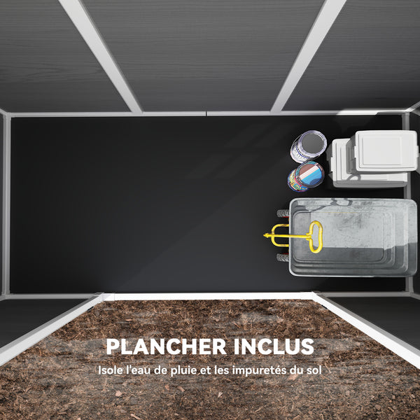 Abri de jardin en plastique  10 x 4 pieds, avec plancher, grandes fenêtres, portes verrouillables et aérations, pour outils, vélos, générateur, effet bois gris