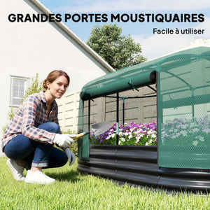 Carré potager de jardin avec cage de protection, jardinière surélevée en acier galvanisé avec système d'auto-arrosage, lit de jardin pour herbes aromatiques, légumes et fleurs, gris et vert
