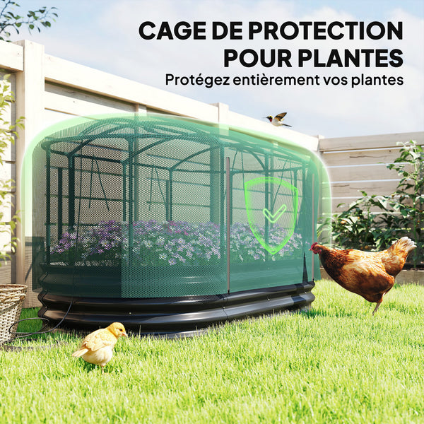 Carré potager de jardin avec cage de protection, jardinière surélevée en acier galvanisé avec système d'auto-arrosage, lit de jardin pour herbes aromatiques, légumes et fleurs, gris et vert