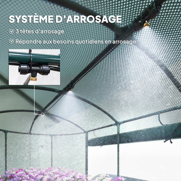 Carré potager de jardin avec cage de protection, jardinière surélevée en acier galvanisé avec système d'auto-arrosage, lit de jardin pour herbes aromatiques, légumes et fleurs, gris et vert