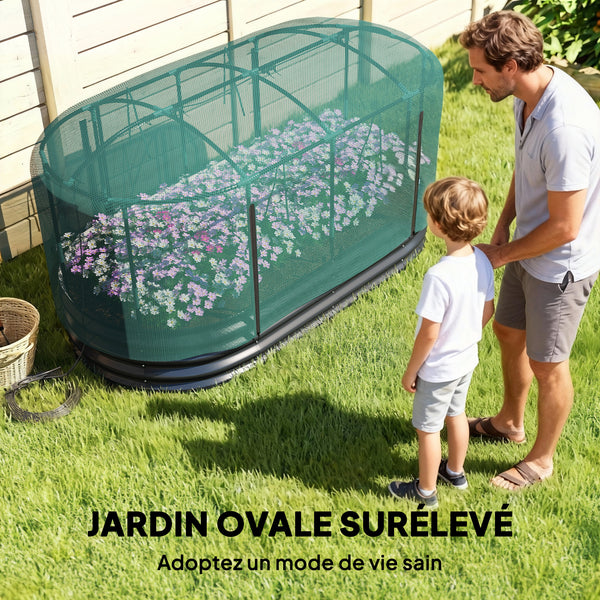 Carré potager de jardin avec cage de protection, jardinière surélevée en acier galvanisé avec système d'auto-arrosage, lit de jardin pour herbes aromatiques, légumes et fleurs, gris et vert