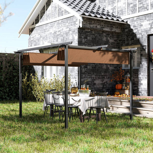 Pergola jardin exterieur 3 x 3 m pergola coulissante rétractable, tonnelle de jardin en toile polyester haute densité 180g/m², abri soleil UPF30+, pour terrasse, patio, arrière-cours, marron
