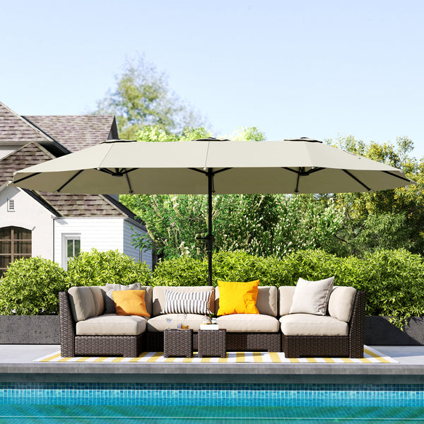 Parasol de jardin extérieur, parasol double rectangulaire 4 x 2,2 x 2,3 m avec ouverture fermeture manivelle, toile 180 g/m² pour balcon, piscine, terrasse, crème