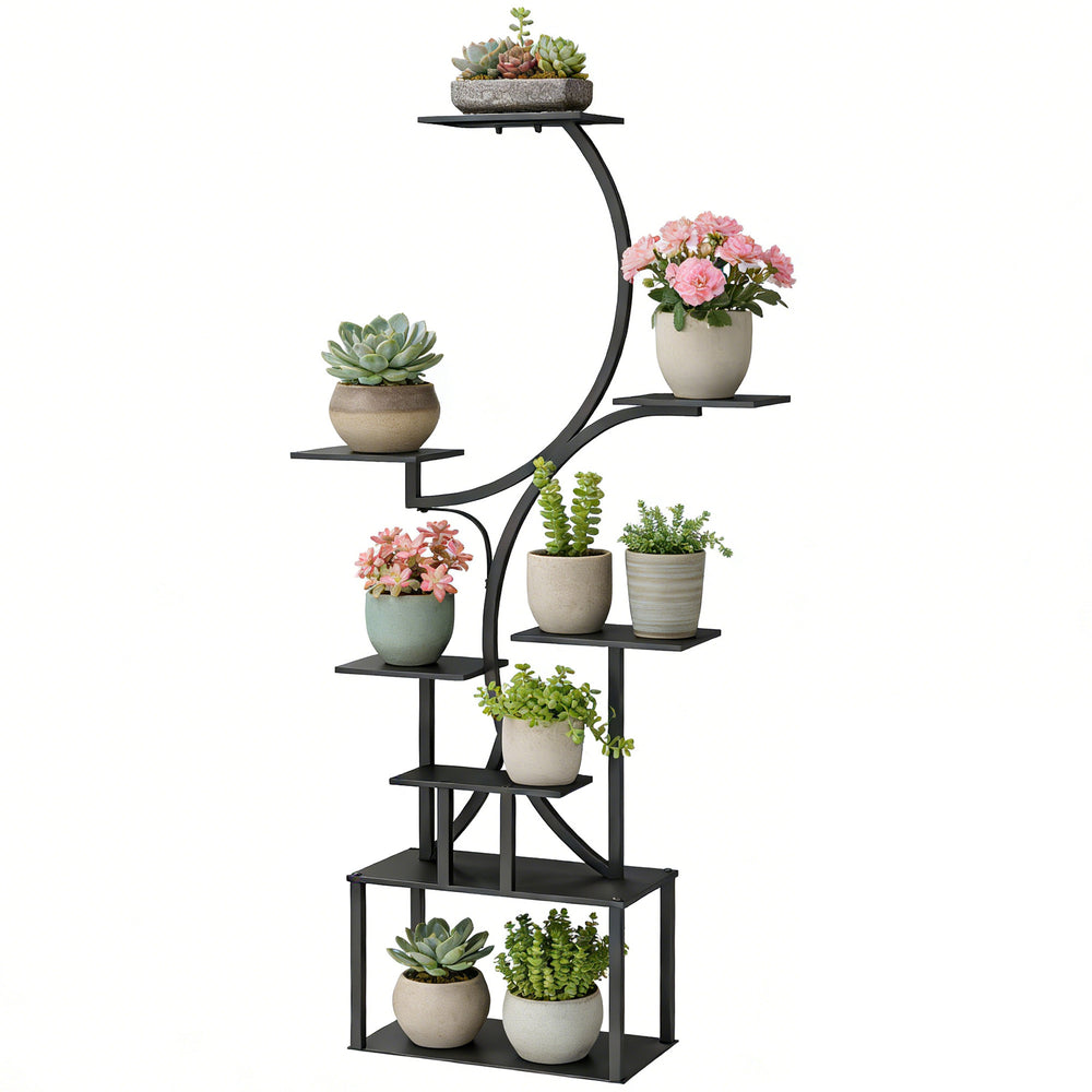 Étagère à fleurs en métal à 8 niveaux, étagère à plantes en forme de S 158,5 cm, support de plantes, intérieur et extérieur, pour jardin, balcon, terrasse ou coin du salon, noir