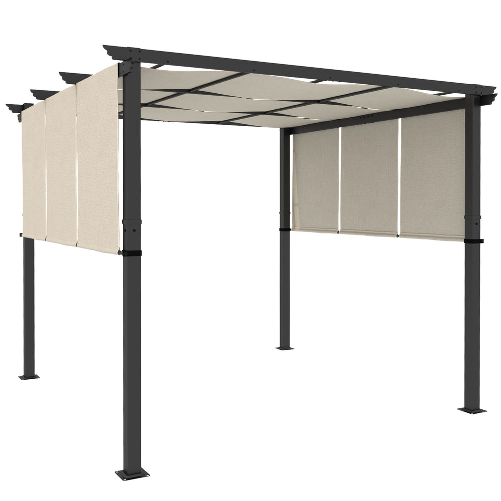 Pergola avec 3 toiles coulissantes 3 x 3 x 2,38 m structure acier noir toile polyester haute densité beige
