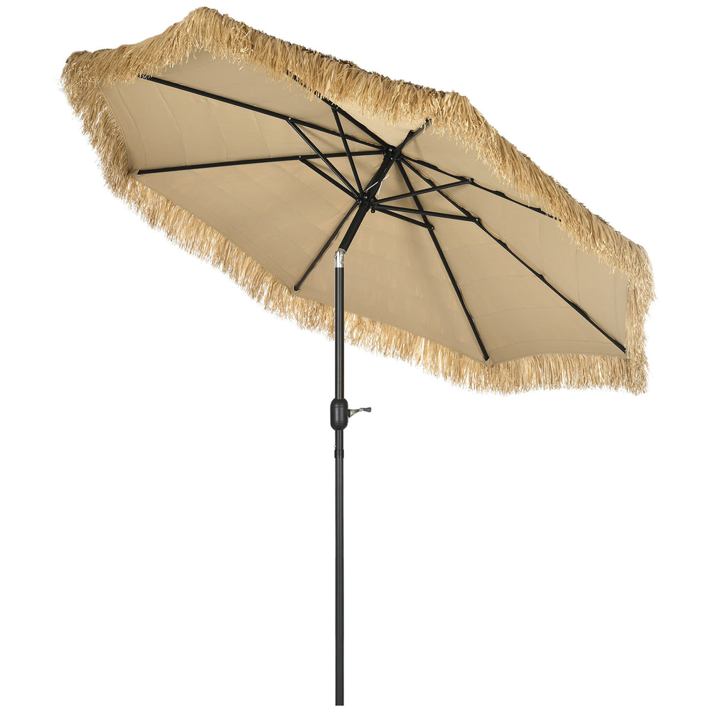 Parasol de jardin extérieur à franges 2,65 m parasol inclinable avec ouverture fermeture manivelle toile 180 g/m², 8 baleines, style Hawaïen pour balcon, piscine, terrasse, kaki
