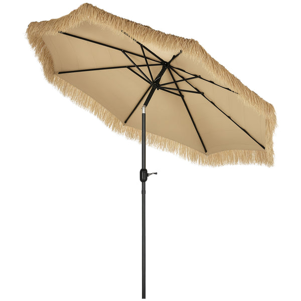 Parasol de jardin extérieur à franges 2,65 m parasol inclinable avec ouverture fermeture manivelle toile 180 g/m², 8 baleines, style Hawaïen pour balcon, piscine, terrasse, kaki