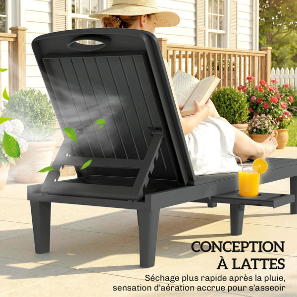 Lot de 2 chaises longues de jardin, en plastique PP avec plateau latéral, inclinables à 5 positions, tout temps, pour terrasse, piscine, jardin, plage, gris