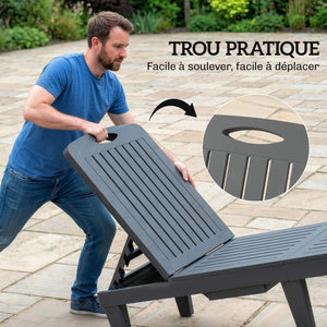 Lot de 2 chaises longues de jardin, en plastique PP avec plateau latéral, inclinables à 5 positions, tout temps, pour terrasse, piscine, jardin, plage, gris