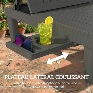 Lot de 2 chaises longues de jardin, en plastique PP avec plateau latéral, inclinables à 5 positions, tout temps, pour terrasse, piscine, jardin, plage, gris