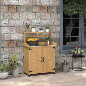 Table de rempotage table de jardinage style rustique avec placard et étagères et plateau galvanisé patins antidérapants en bois sapin pré-huilé dim. 90,5L x 41l x 124,5H cm jaune